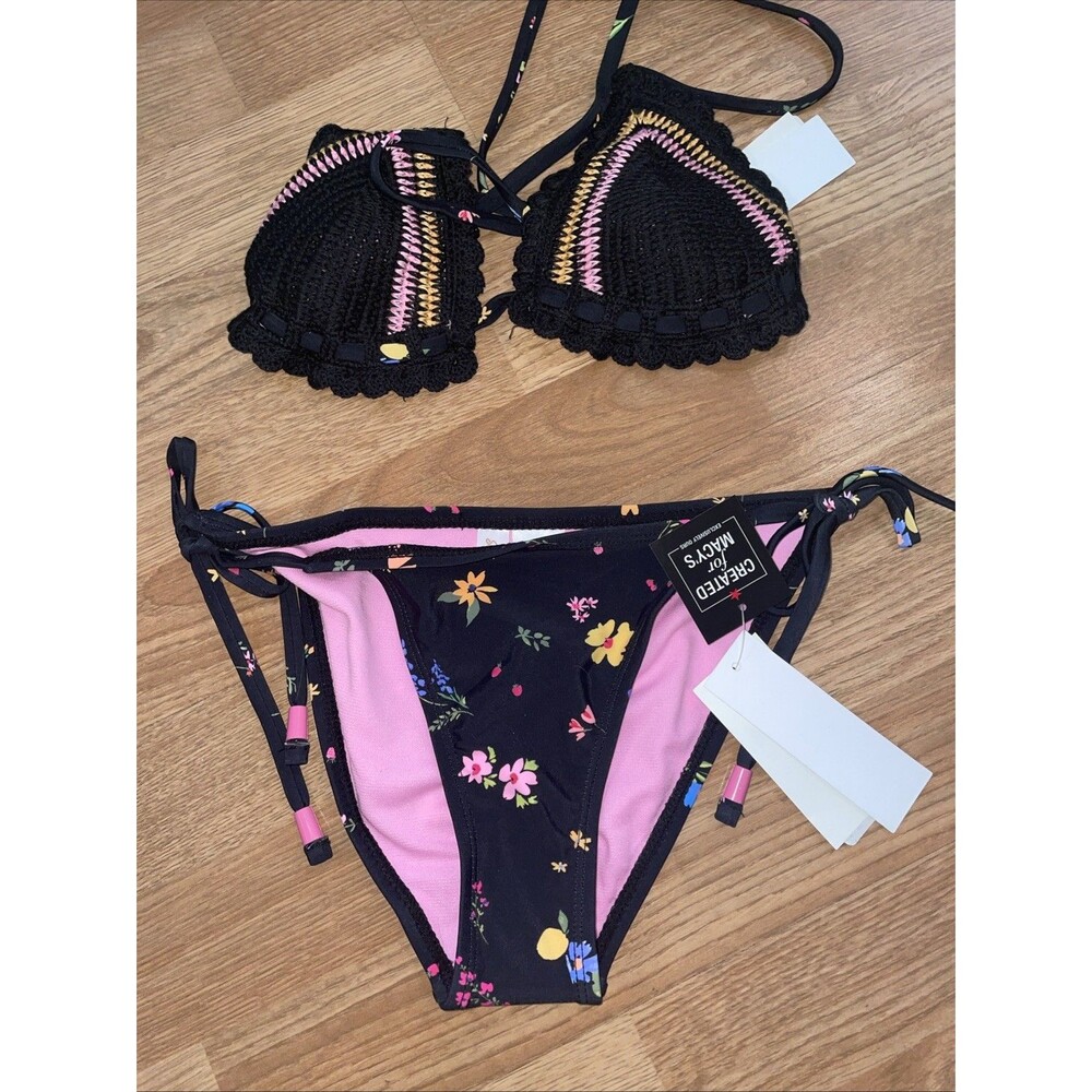 Salt + Cove 2 Piece Crochet Halter Triangle Bikini Set Size L Black Floral New - Picture 4 of 11